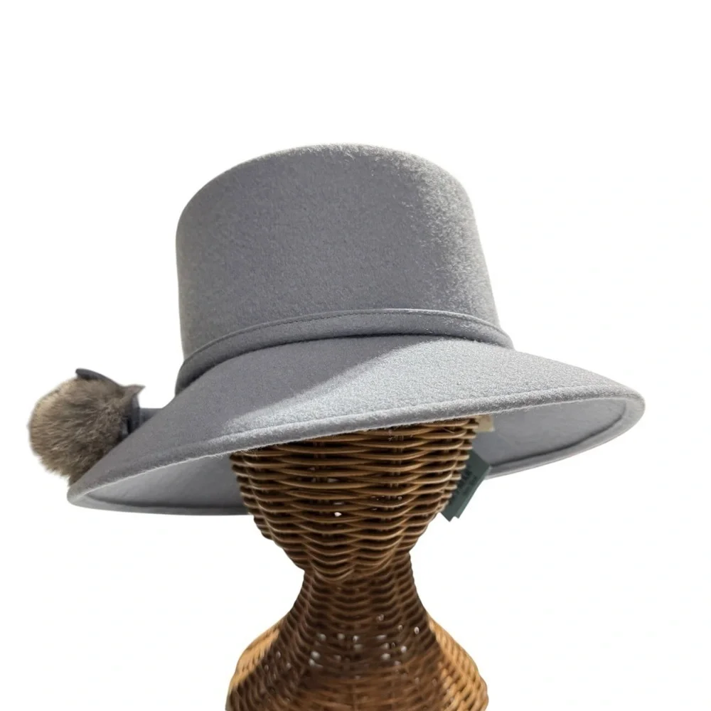 Betmar New York Gray Wool Hat with Faux Fur Pom Accents – Wide Brim Cloche - Picture 2 of 11